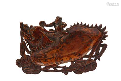 A CHINESE WOOD 'LIU HAI AND TOAD' TRAY.