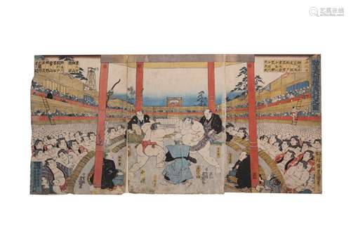 A SUMO TRIPTYCH BY KUNISADA (1786 - 1865).