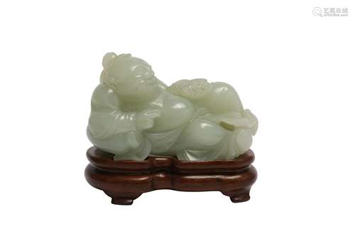 A CHINESE PALE CELADON JADE FIGURE OF AN IMMORTAL.