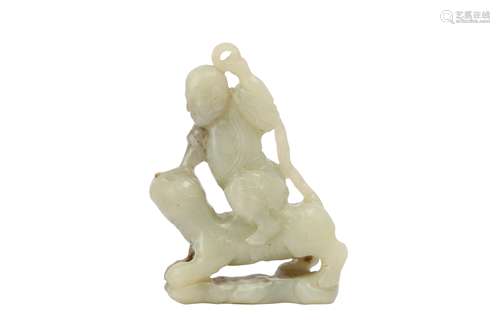 A CHINESE PALE CELADON JADE FIGURE OF AN IMMORTAL.