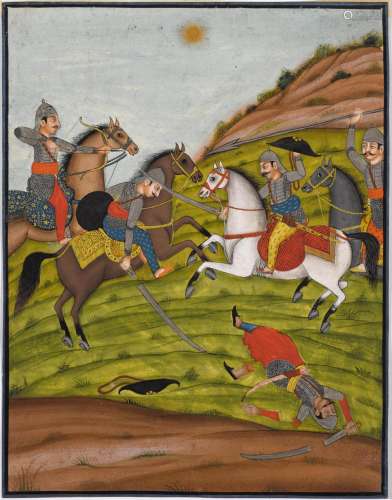 A MINIATURE PAINTING OF A BATTLE SCENE.