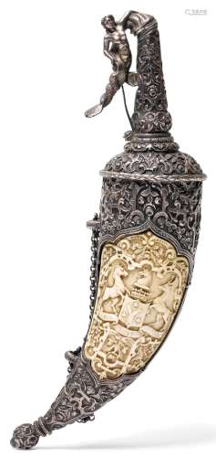 A SILVER-MOUNTED CARVED IVORY POWDER FLASK.
