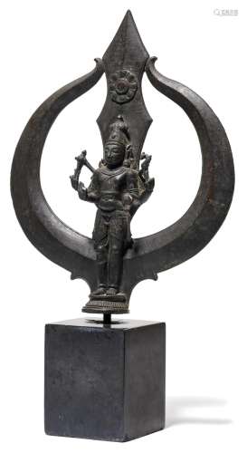 A BRONZE TRIDENT WITH SHIVA.
