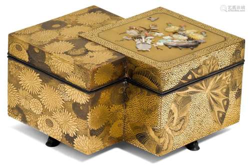 A LACQUERED BOX WITH SHIBAYAMA-STYLE INLAYS.