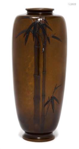 A FINE BRONZE VASE WITH BAMBOO DECORATION.