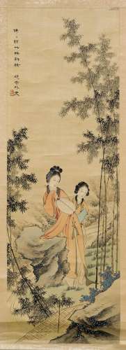 A HANGING SCROLL WITH TWO LADIES.