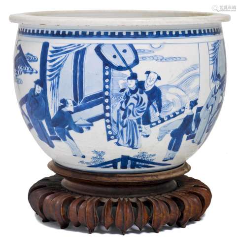 A BLUE AND WHITE CACHE POT.