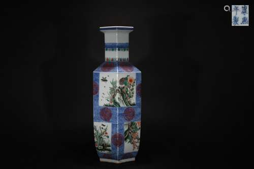 Blue-and-white Famille Rose Chinese-staff-shaped Vase