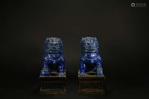 A Pair of Blue-glazed Lion Ornaments