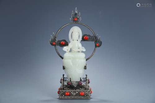 Hetian Jade Avalokitesvara with Silver Pedestal
