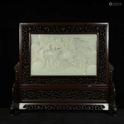 White jade carved table screen with rosewood stand