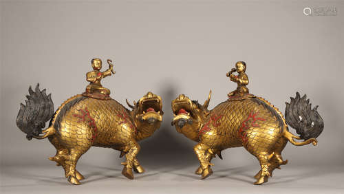 Pair Bronze Gilt Censers Qing Dynasty