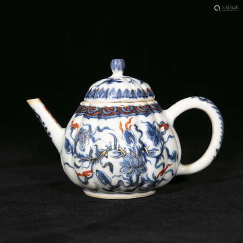 Qing Kangxi style blue and white red glaze porcelain tea pot