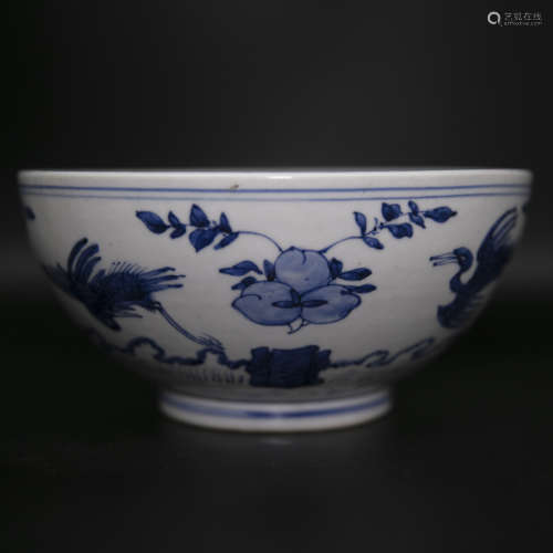 18th century blue and white crane pattern porcelain bowl