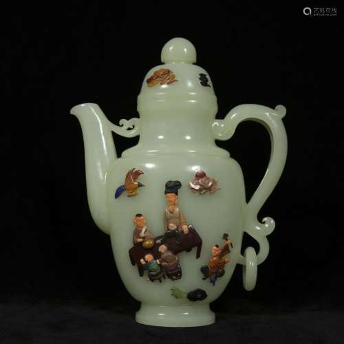 Jade carved teapot inlaid with gems
