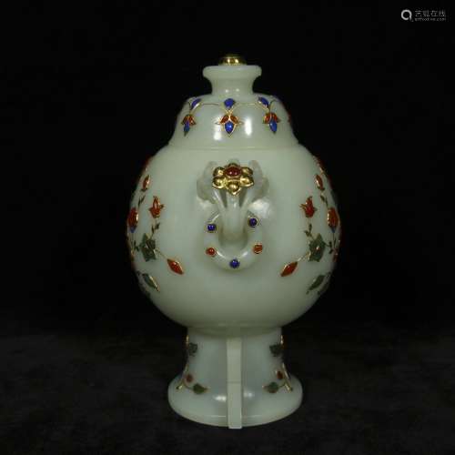 White jade carved bottle inlaid with gems