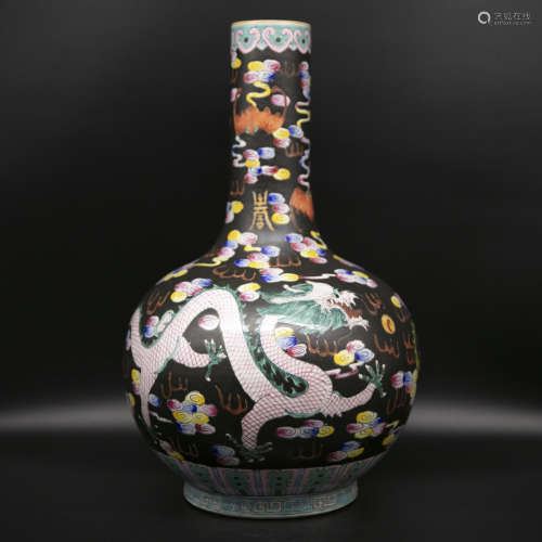 19th century black glaze famille rose dragon pattern porcela...