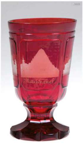 Biedermeier-Becher, um 1840, roter Überfang, mit feingeschni...