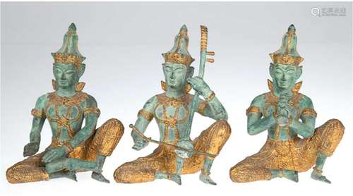 3 Muszierende Tempelfiguren, Thailand, Weißmetallguß, grün u...