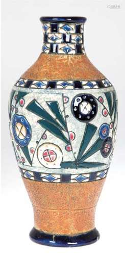 Jugendstil-Vase, Keramik, Amphora, reliefierter Küken- und F...