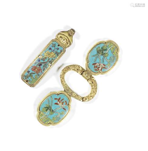 A GILT-BRONZE AND CLOISONNÉ ENAMEL TWO-PART BUCKLE AND ...