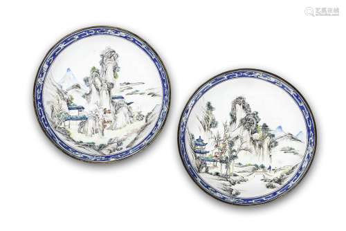 A PAIR OF PAINTED ENAMEL 'LANDSCAPE' SAUCER-DISHES 18th cent...