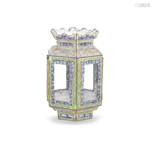 A LARGE PAINTED ENAMEL FACETTED HANGING LANTERN Mid Qing Dyn...