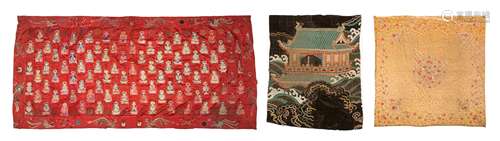 AN EMBROIDERED SILK APRICOT-GROUND HANGING, A SILK 'BUDDHIST...