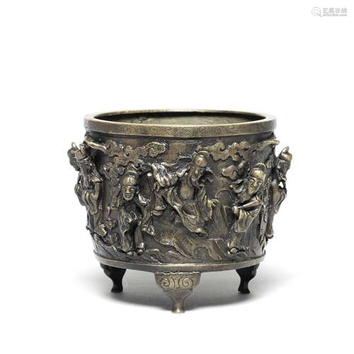 A RARE BRONZE TRIPOD 'NINE SAGES' INCENSE BURNER Late Ming D...