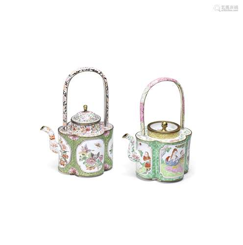 Two painted enamel green-ground teapots and covers 18th cent...