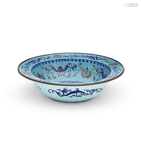 A LARGE PAINTED ENAMEL TURQUOISE-GROUND BASIN Qing Dynasty f...