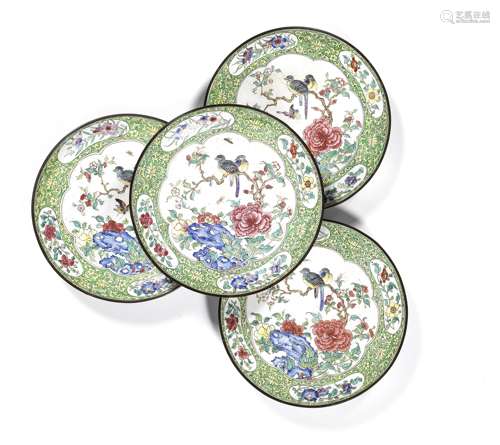 A SET OF FOUR PAINTED ENAMEL 'BIRDS AND PEONY' SAUCER-DISHES...