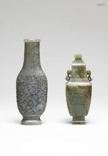 A GREYISH-GREEN JADE INCENSE TOOL-VASE AND AN ARCHAISTIC GRE...