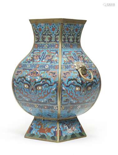 A RARE CLOISONNÉ ENAMEL AND GILT-BRONZE VASE, FANGHU 17...