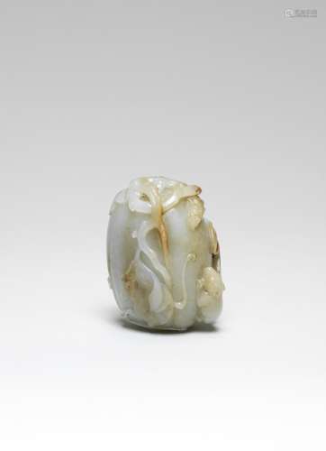 A pale green and russet jade carving of a melon and tree-shr...