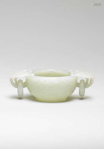 A FINE PALE GREEN JADE DOUBLE-HANDLED BOWL 18th century