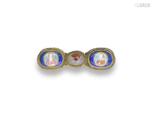 A FINE GUILLOCHE AND PAINTED ENAMEL AGATE-INLAID GILT-BRONZE...