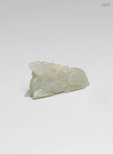 A RARE PALE GREEN JADE 'STAG AND LINGZHI' PENDANT Yuan/Ming ...