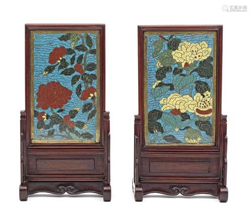 A pair of cloisonné enamel rectangular table screens La...