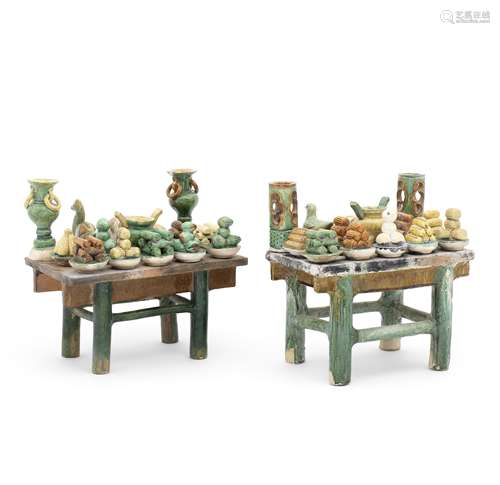 TWO SANCAI-GLAZED MODELS OF MINIATURE OFFERING TABLES Ming D...