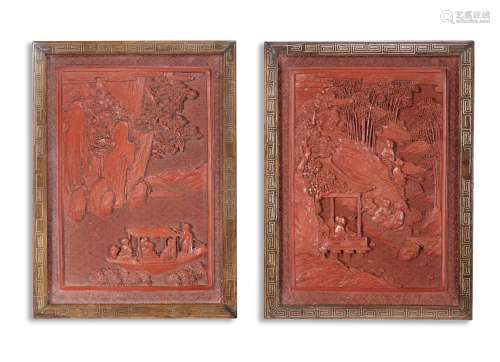 A RARE PAIR OF CARVED CINNABAR LACQUER RECTANGULAR PANELS Qi...