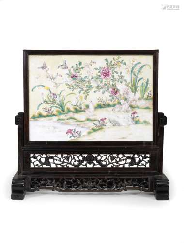 A LARGE PAINTED ENAMEL 'QUAILS' TABLE SCREEN 18th century (2...
