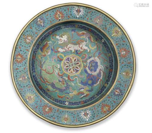 A RARE CLOISONNÉ ENAMEL 'BUDDHIST LIONS' BASIN 17th cen...