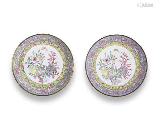 A PAIR OF PAINTED ENAMEL 'AUSPICIOUS FRUIT AND CHRYSANTHEMUM...