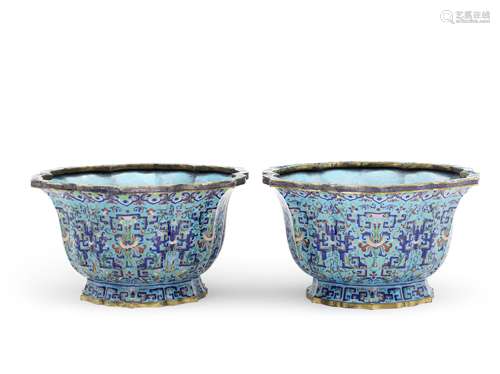 A FINE PAIR OF PAINTED ENAMEL 'CHILONG AND LOTUS' SIX-LOBED ...