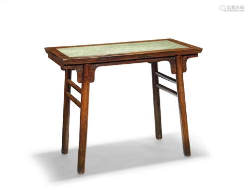 A GREENSTONE-INSET ELMWOOD RECESSED-LEG TABLE 18th century