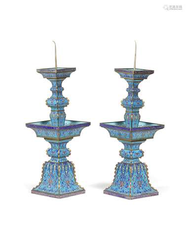 A PAIR OF LARGE PAINTED ENAMEL SQUARE PRICKET CANDLESTICKS Q...