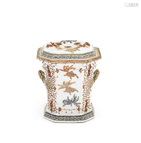 A FAMILLE ROSE AND ROUGE-DE-FER BOUGH POT AND COVER Early 19...