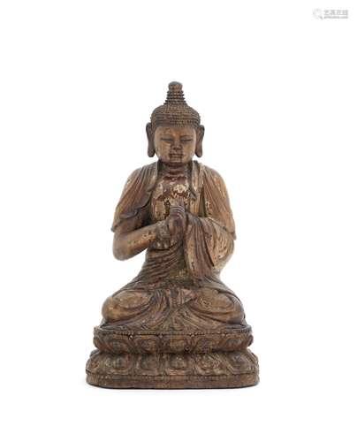 A RARE WOOD FIGURE OF SHAKYAMUNI BUDDHA Ming Dynasty