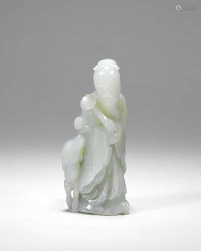 A PALE GREEN JADE FIGURE OF A SAGE AND DEER 18th century